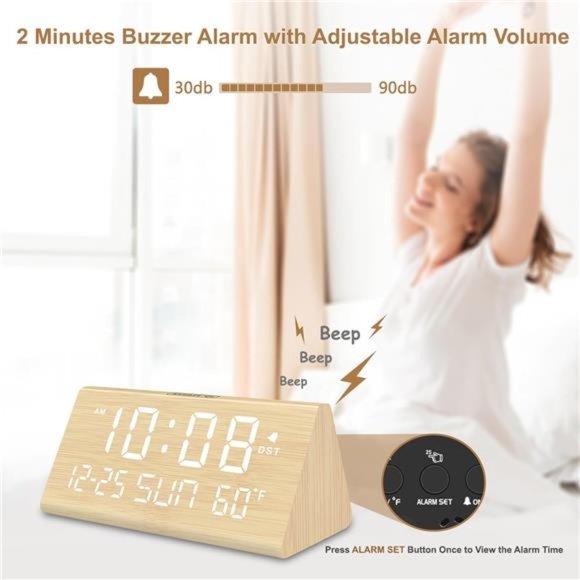 Digital Alarm Clocks for Bedrooms - Wooden Electric Clock with USB Ports, Date - Picture 3 of 6